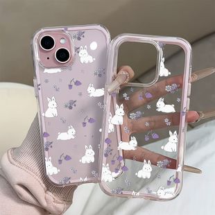 cartoon rabbit Purple strawberry clear case适用iphone 11 12 13 14 15 16 plus 17 pro max