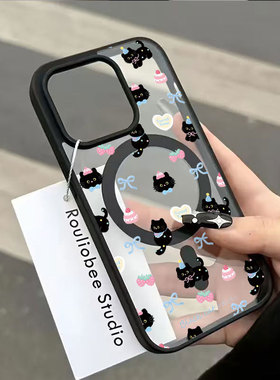 Dessert Cake Black Cat bow Magnetic clear case适用iphone 11 12 13 14 15 16 plus 17 pro max