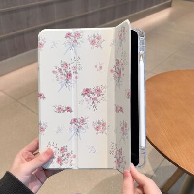 Bow Floral iPad Case With Pencil Holder Tri-Fold Cover 适用 iPad 11th Gen A16, iPad Air 11 Pro 11