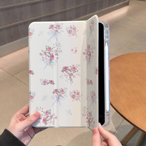 Bow Floral iPad Case With Pencil Holder Tri-Fold Cover 适用 iPad 11th Gen A16, iPad Air 11 Pro 11