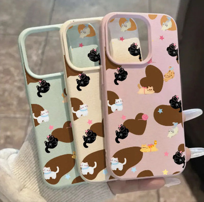 Cute Cat Pattern Phone Case 适用 iPhone 17 Pro Max 16 15 14 13 Litchi Texture Soft TPU Cover Large