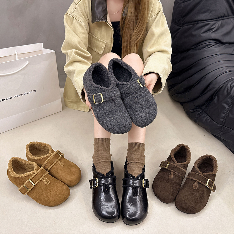 平底软底加绒勃肯鞋毛毛鞋女秋冬新款保暖棉鞋雪地鞋百搭单鞋