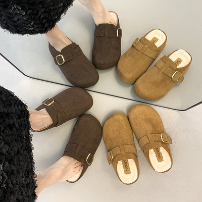 复古厚底内增高加绒勃肯鞋2025秋冬新款博肯鞋包头半拖鞋女棉拖鞋