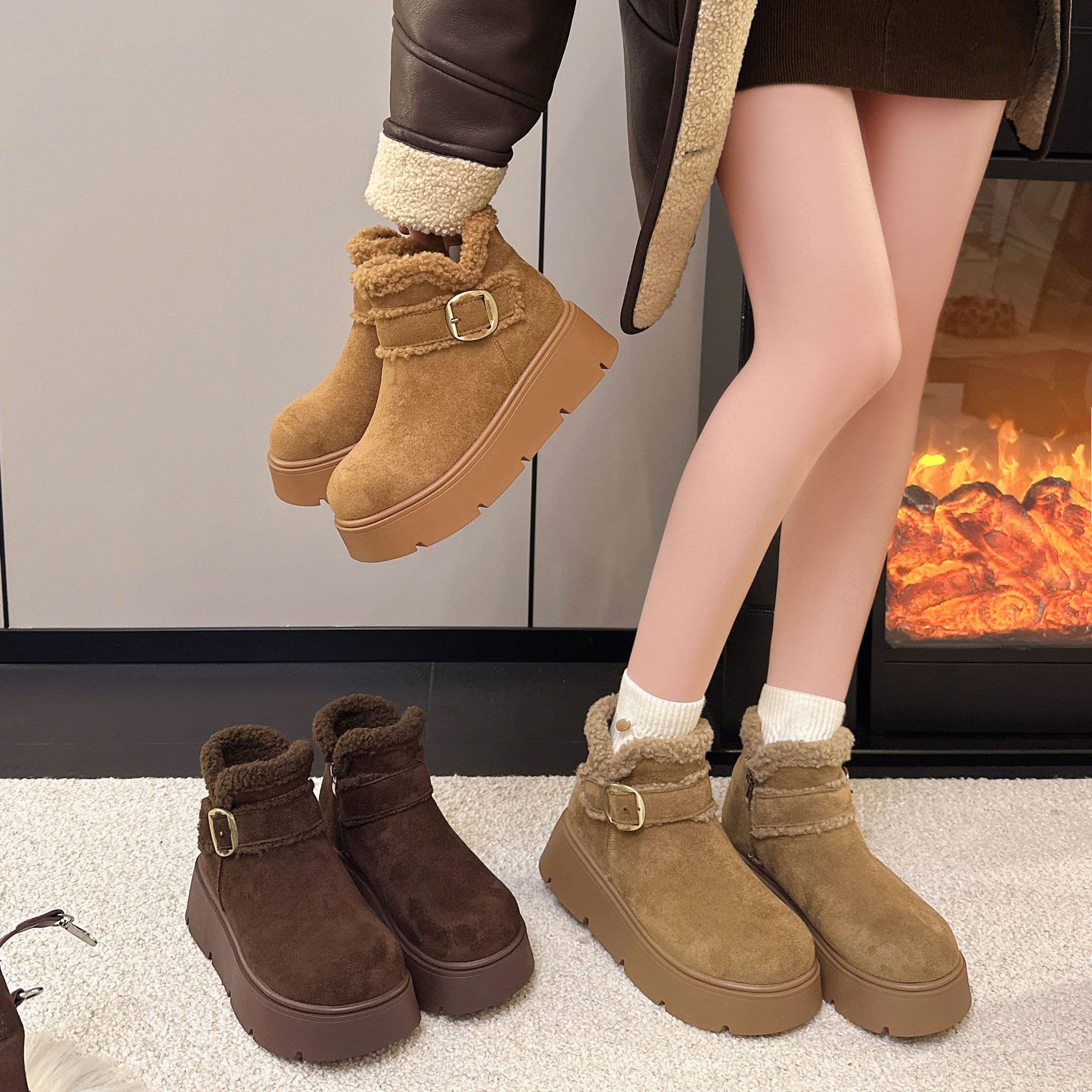 厚底增高勃肯鞋女冬季加绒保暖毛毛棉鞋皮带扣休闲小个子增高女靴