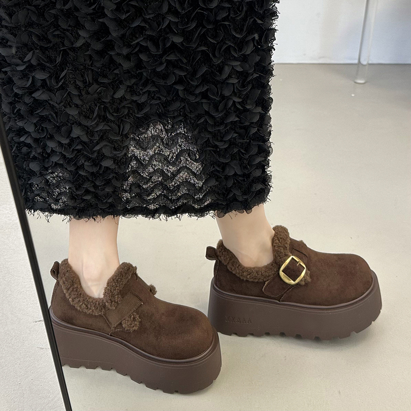 2025新款厚底增高加绒勃肯鞋女冬季一脚蹬金属扣毛绒雪地靴面包鞋