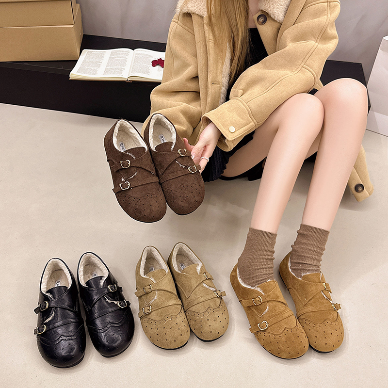 复古加绒平底豆豆鞋女内增高韩版乐福鞋皮搭扣百搭通勤棉鞋小皮鞋