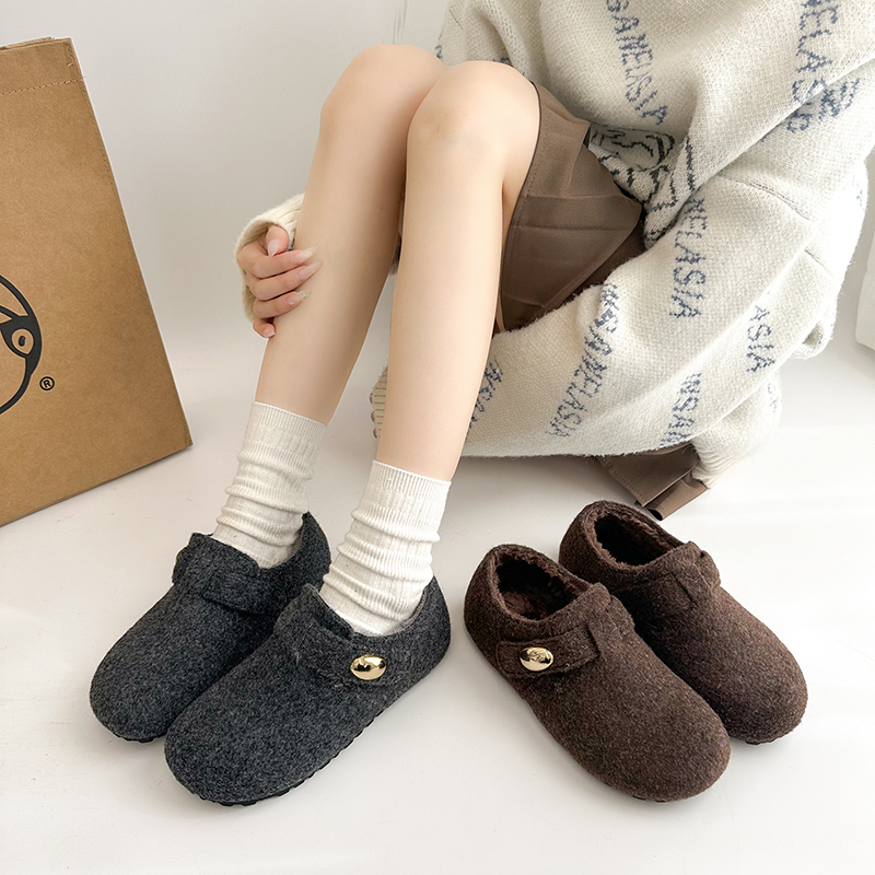 灰色勃肯鞋女2025新款冬季加绒全包内增高一脚蹬金豆豆毛毛鞋棉