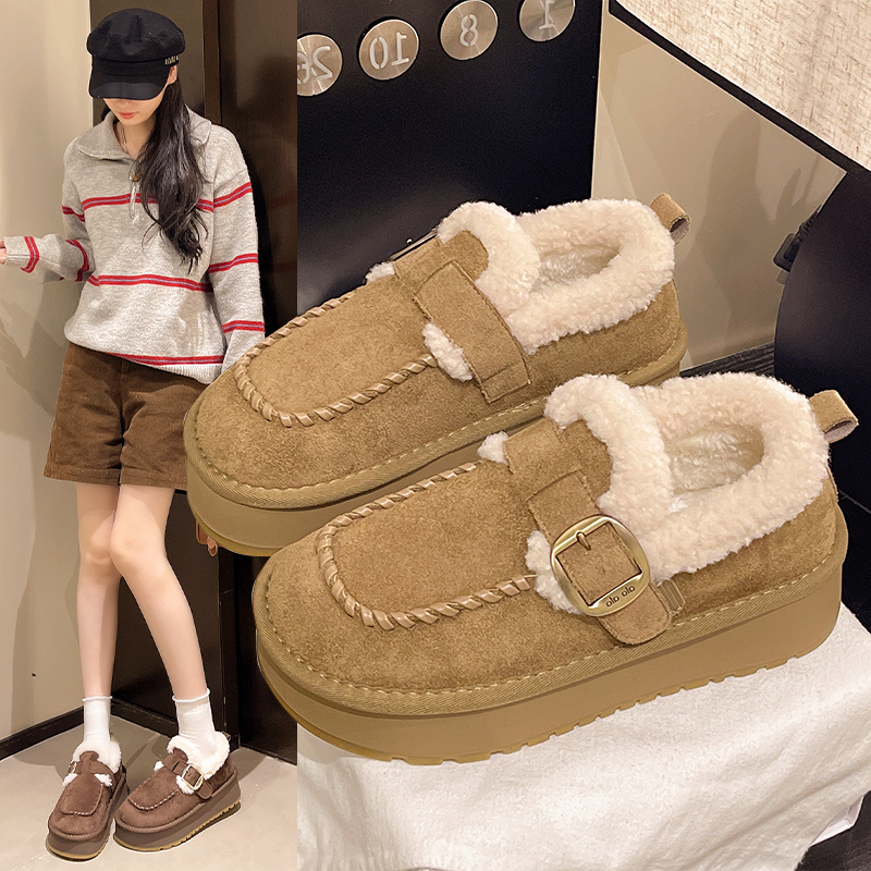 厚底加绒豆豆勃肯鞋女毛毛雪地靴2025新款冬季一脚蹬低帮保暖棉鞋