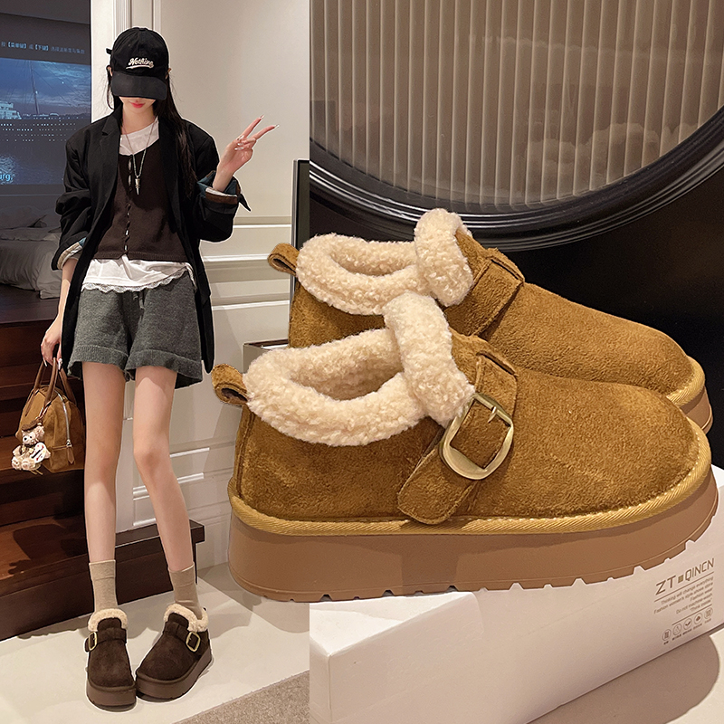 厚底勃肯鞋女2025新款冬季鞋子加绒乐福鞋外穿毛毛棉鞋保暖雪地靴