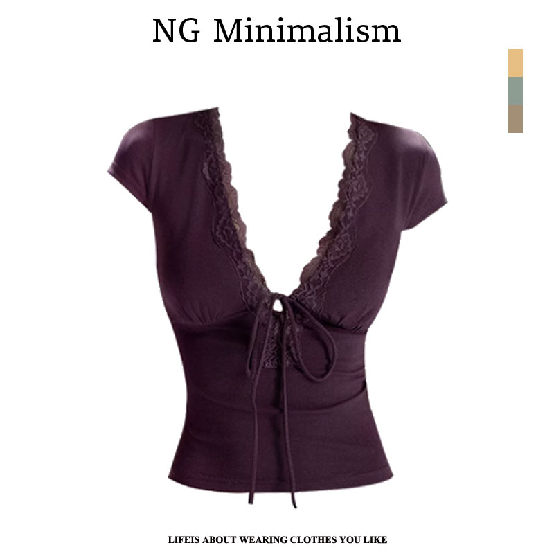 NG Mini 设计感索罗棉V领系带蕾丝花边拼接短袖上衣夏季短款