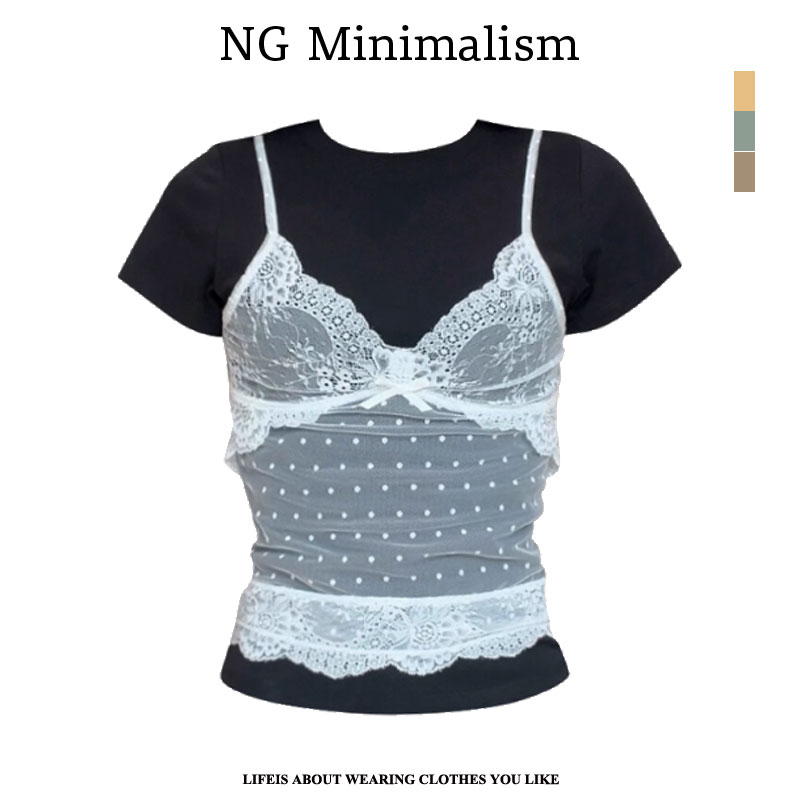 NG Mini  蕾丝拼接假两件短袖T恤女夏季新款修身显瘦内搭打底上衣