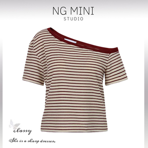 NG Minimalism 不对称露肩条纹T恤女2024春夏新款短款甜辣小上衣