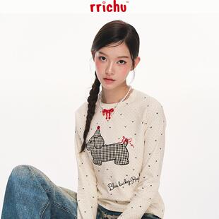 Rrichu 长袖t恤波点腊肠狗图案设计感小众少女上衣打底衫
