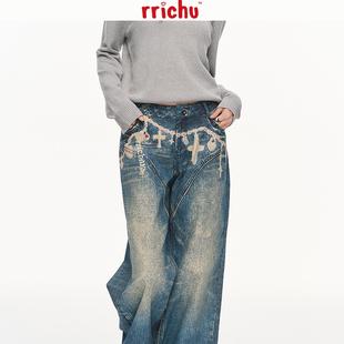 Rrichu 低腰牛仔裤数码印花少女显瘦链条吊坠复古做旧小个子裤子