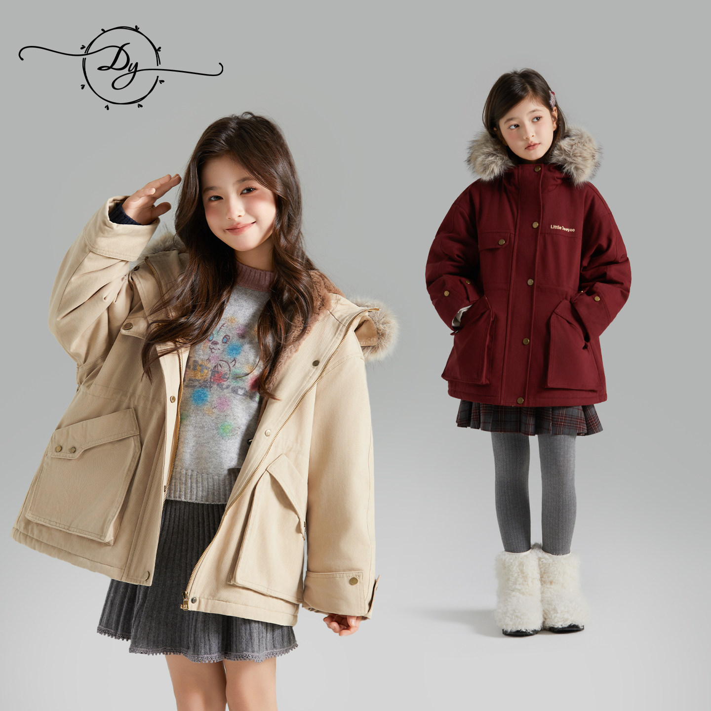 女童工装派克服重磅仿兔绒大毛领巴恩风多口袋宽松叠穿防风外套