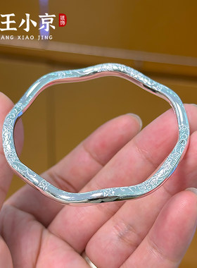 亮面波浪桃花足银手镯