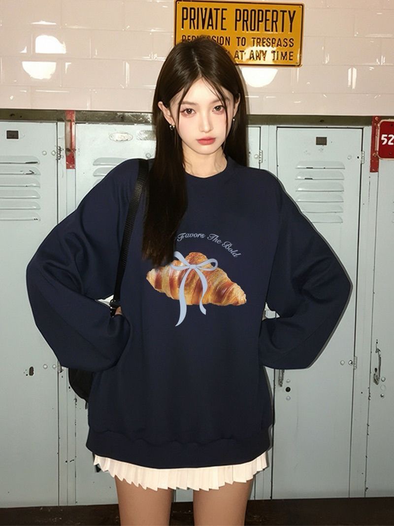 秋冬新款女纯棉蝴蝶结牛角包印花宽松圆领长袖加绒卫衣