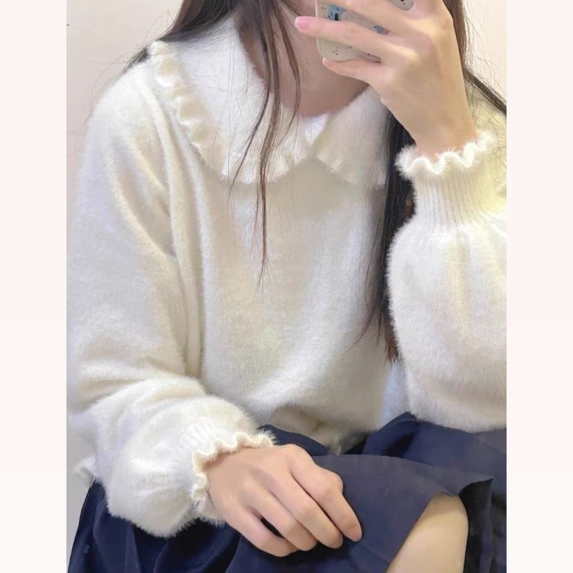 秋冬新款少女风复古娃娃领木耳边仿貂绒可爱打底内搭毛衣针织衫