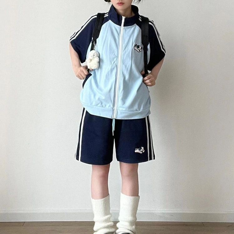 安可~学院风夏日新款撞色小狗刺绣宽松短袖开衫短袖套装