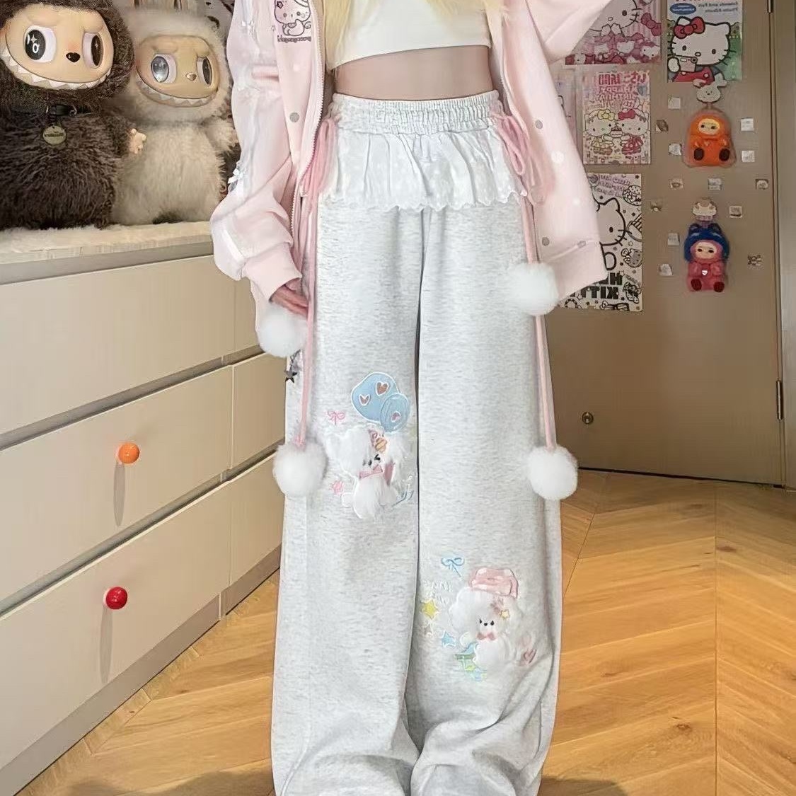 裤秋冬新款女装软妹毛球小狗刺绣拼接花边松紧高腰直筒运动裤长裤