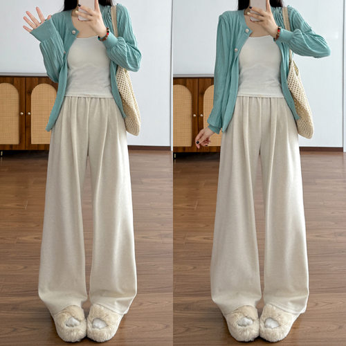 新款宽松慵懒高腰垂感直筒休闲显瘦糯米棉山本阔腿裤女拖地长裤子