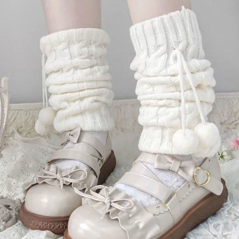 lolita穿搭保暖护小腿中筒麻花可爱毛球堆堆袜JK搭配女学生