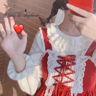 秋冬新款女装可爱软妹木耳边双层领灯笼袖口修身针织衫打底衫内搭