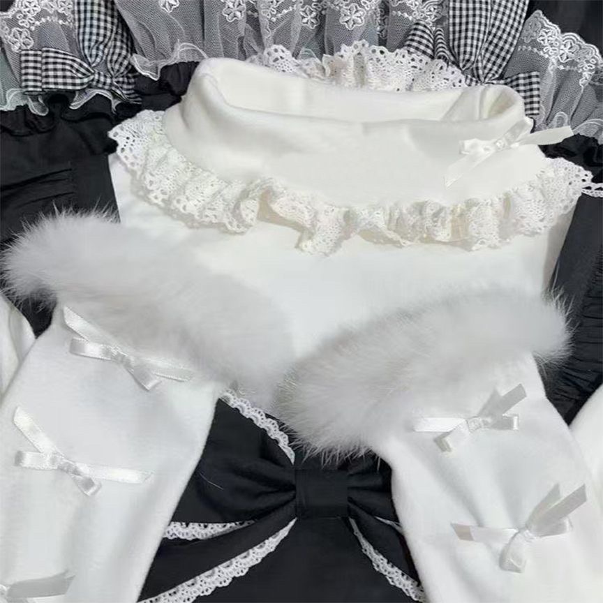 甜美少女风~秋冬新款拼接花边毛毛蝴蝶结修身高领长袖打底衫