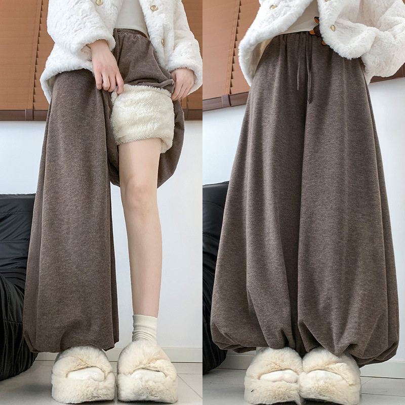 秋冬加绒加厚羊羔绒糯米花苞裤裙女高腰灯笼裤裙显瘦慵懒休闲裤子