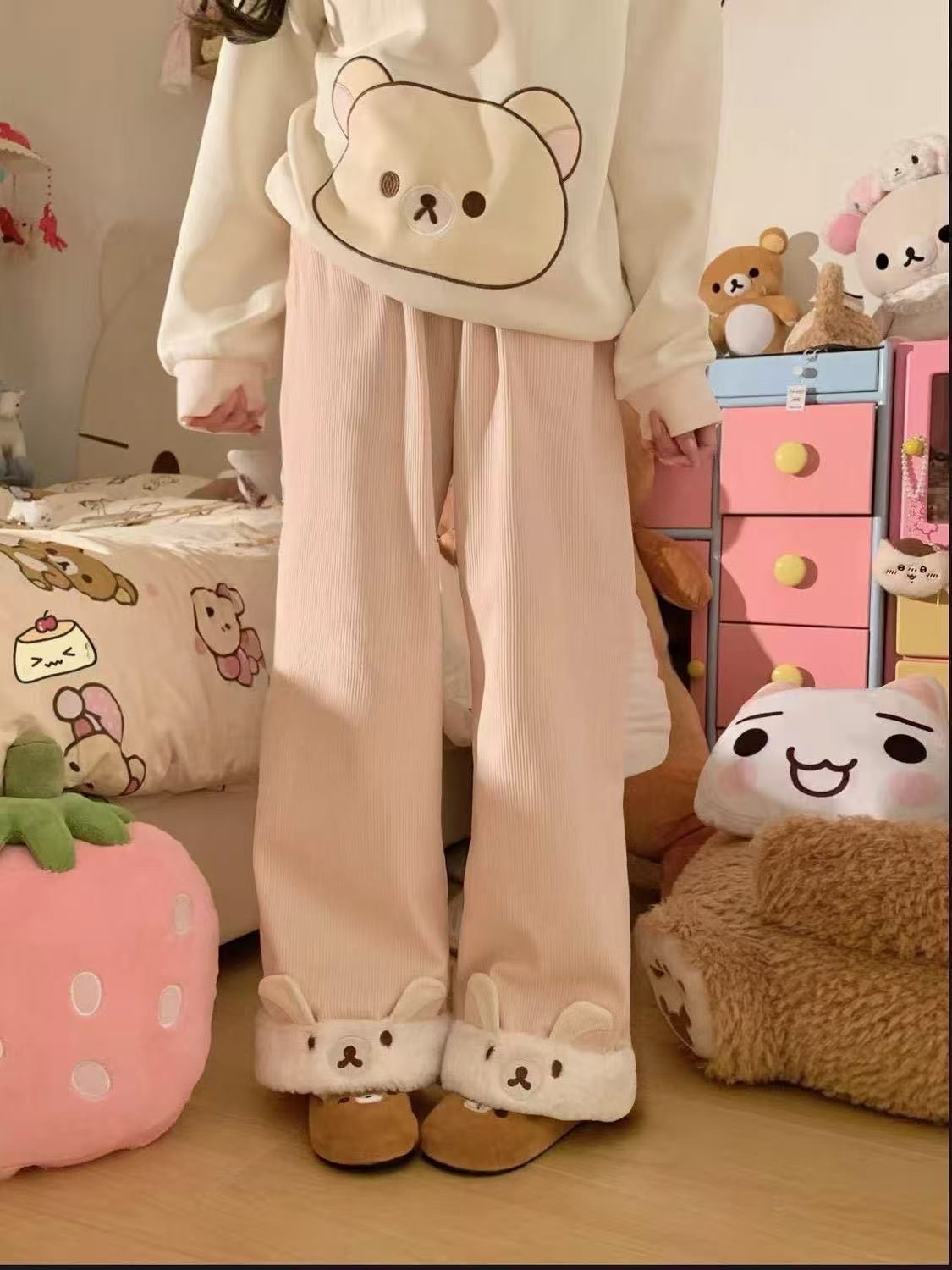 秋冬新款松紧高腰可爱少女灯芯绒卷边加厚休闲阔腿直筒裤女