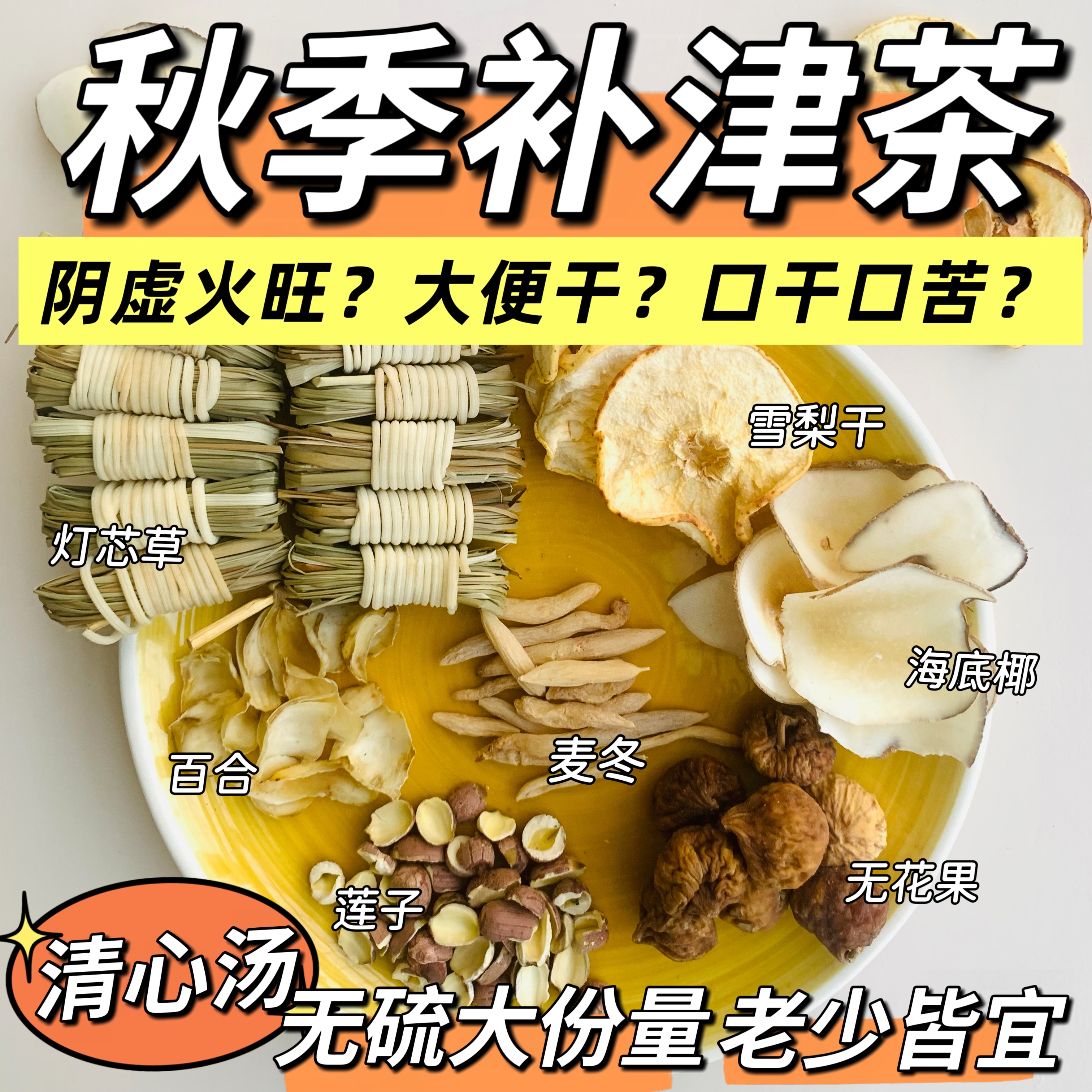 儿童清心汤灯芯草麦冬雪梨海底椰汤料宝宝心火旺磨牙内热无熏硫