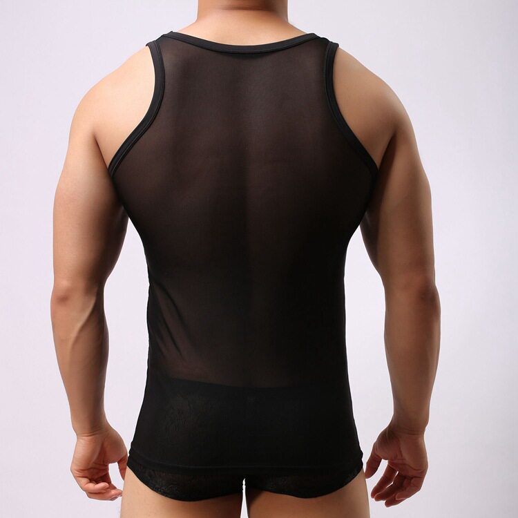 남성용 답답하지 않은 메쉬 투명 민소매 라운드 넥 조끼 재미 섹시한 조끼 잠옷 홈 나이트 클럽 스타킹