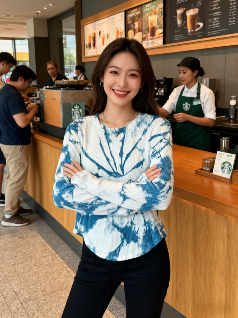 扎染纯棉蓝白色打底衫女2025新款内搭秋冬长袖t恤可外穿修身上衣