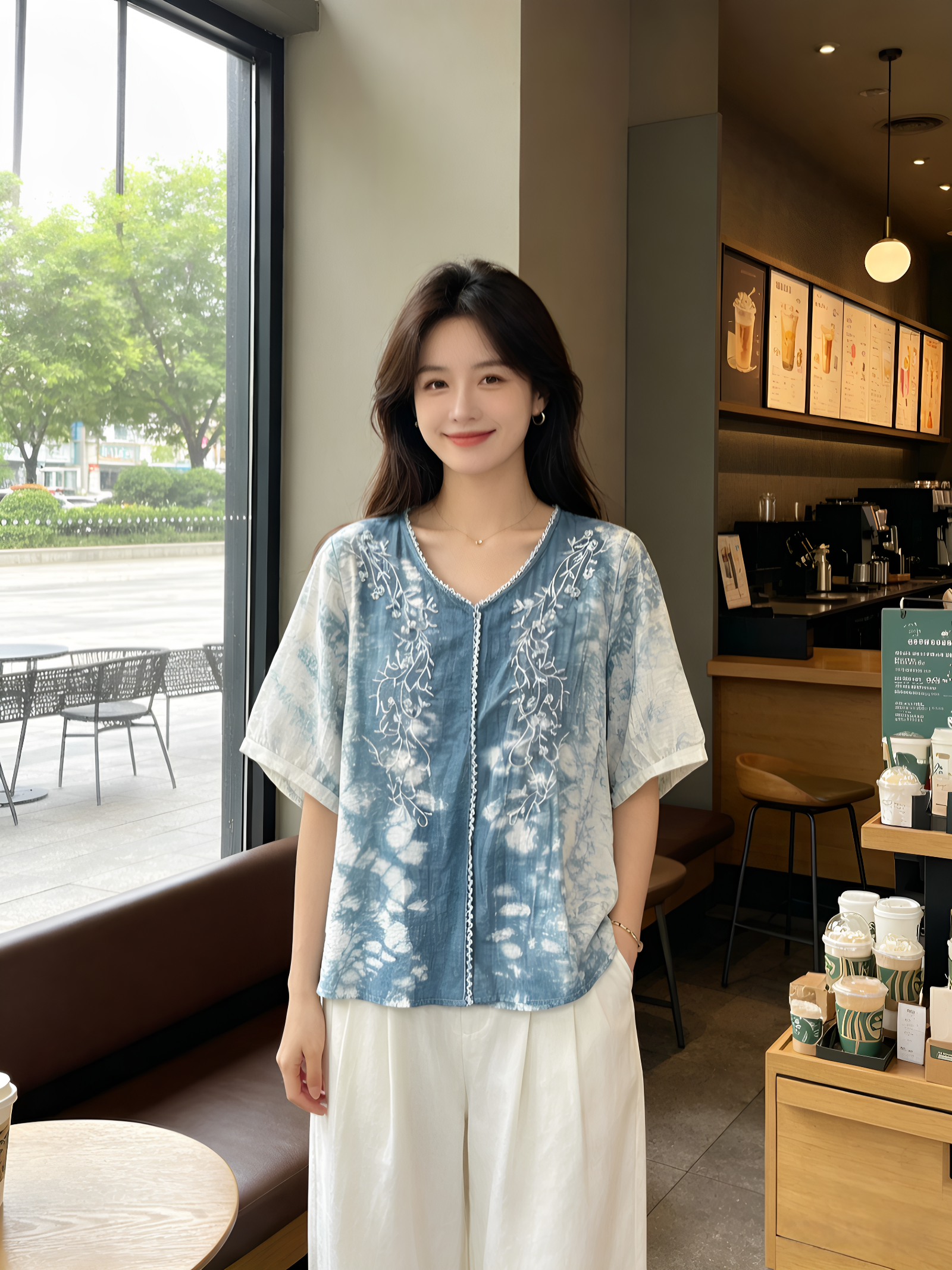 扎染棉麻上衣女2026夏季新款刺绣百搭时尚衬衫上衣复古衬衣小衫女