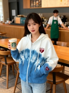 扎染连帽拉链卫衣女蓝白渐变短款外套春秋款百搭时尚帽衫上衣开衫