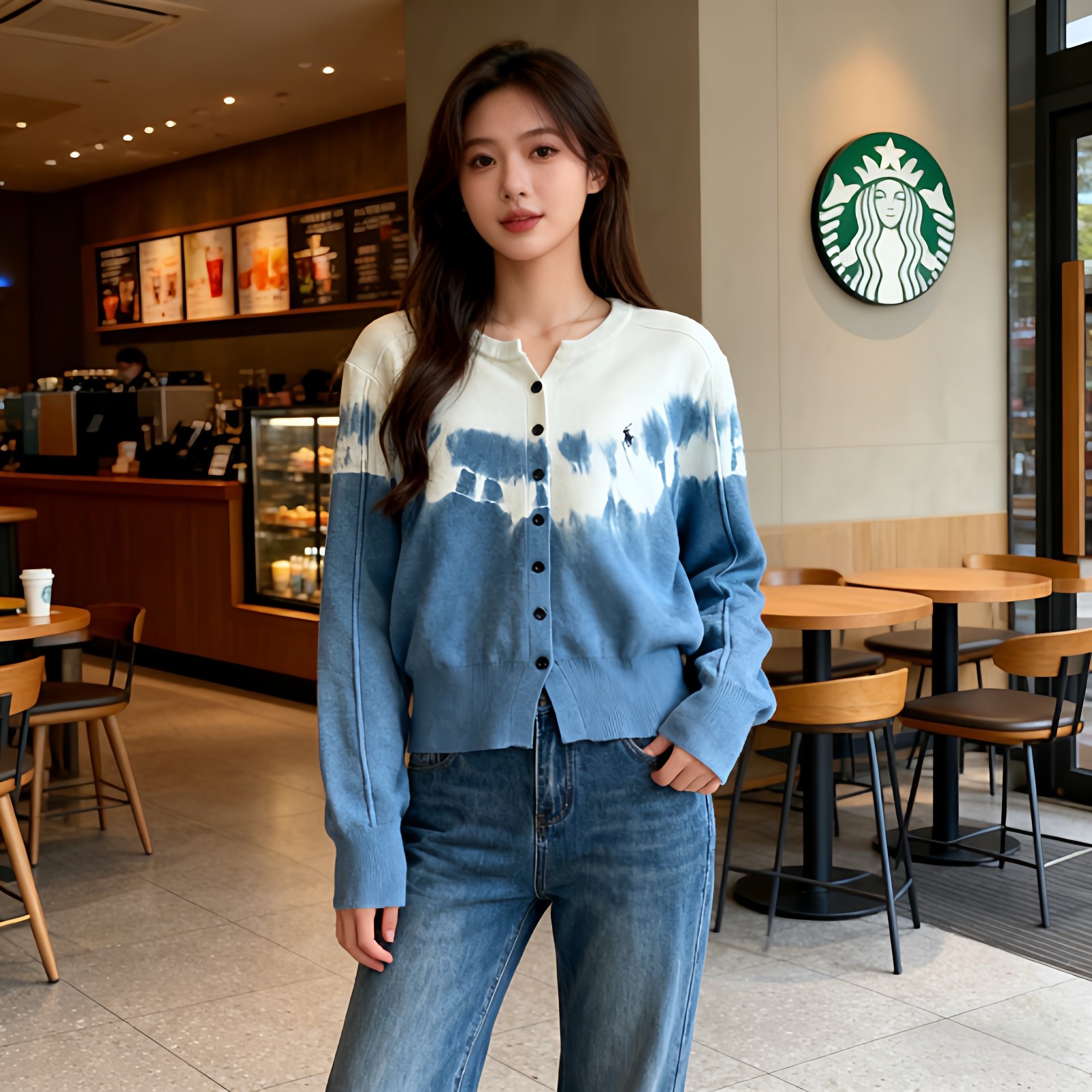 扎染针织外套女春季新款韩版百搭针织衫上衣开衫女长袖宽松毛衣女