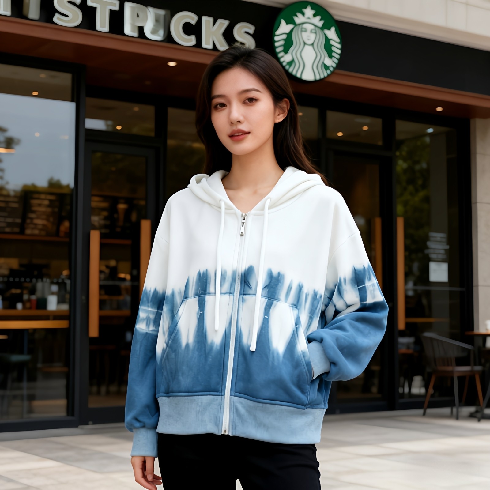 扎染短款加绒卫衣女2025新款秋冬季加厚蓝白色连帽外套女开衫上衣