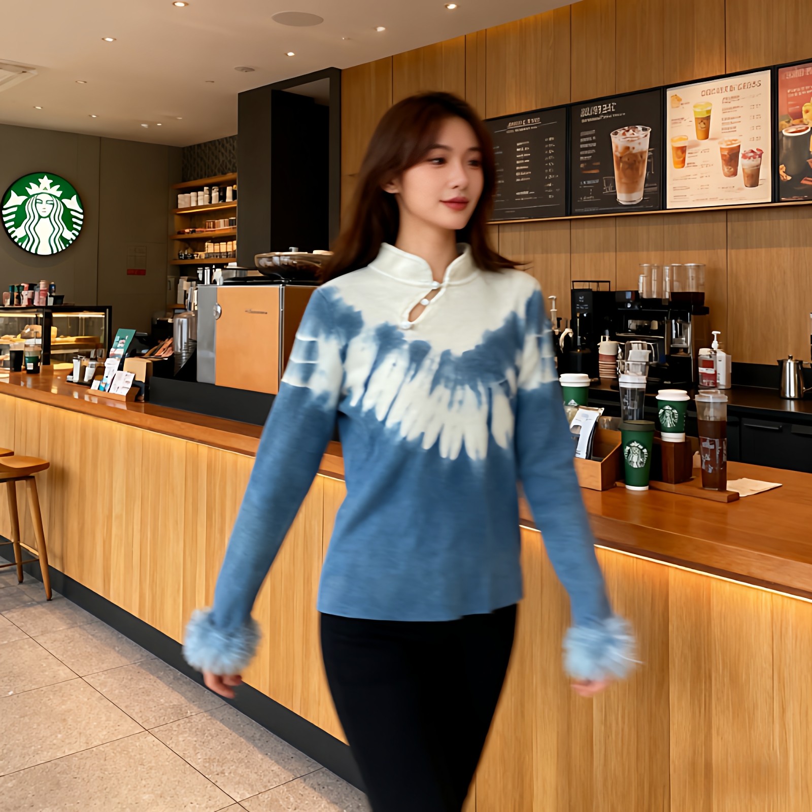 扎染针织衫旗袍上衣女春秋新款修身百搭打底衫女外穿短款毛衣长袖