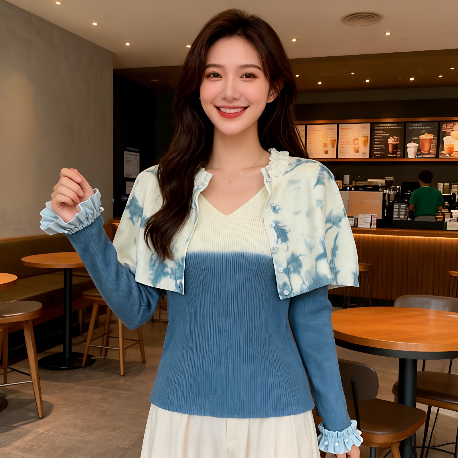 扎染针织两件套上衣女春秋新款韩版显瘦v领打底衫套装百搭毛衣女