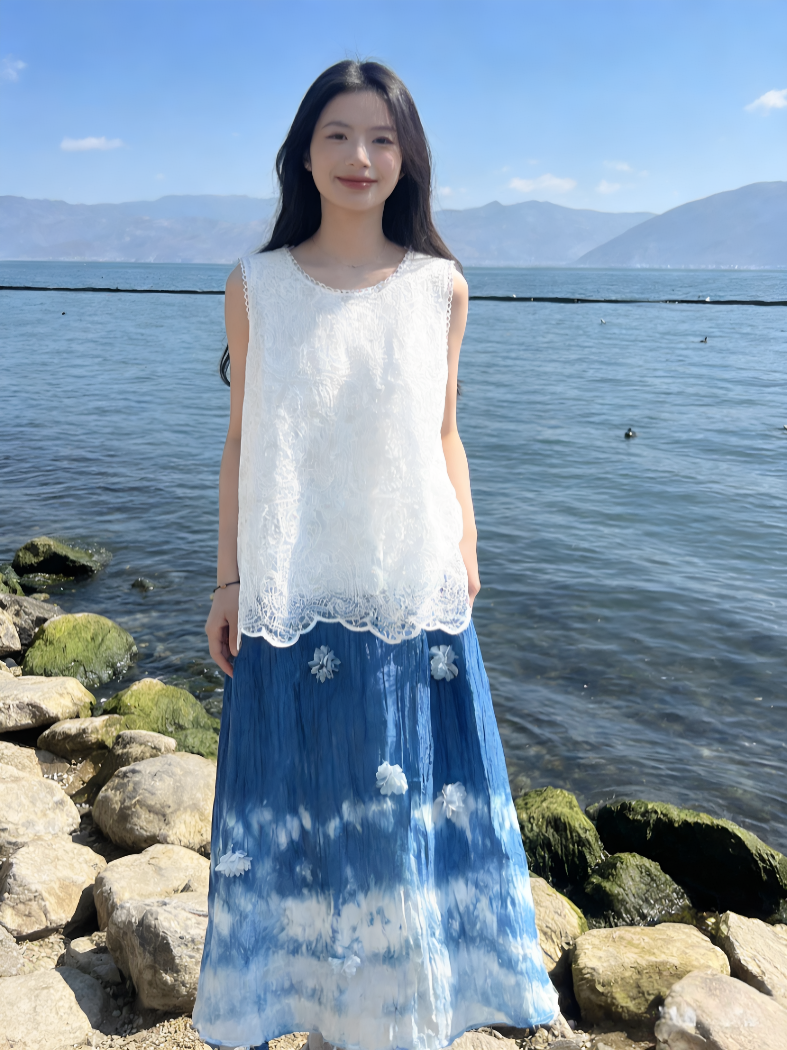 扎染裙子新中式假两件连衣裙女夏季新款蕾丝拼接无袖背心过膝长裙