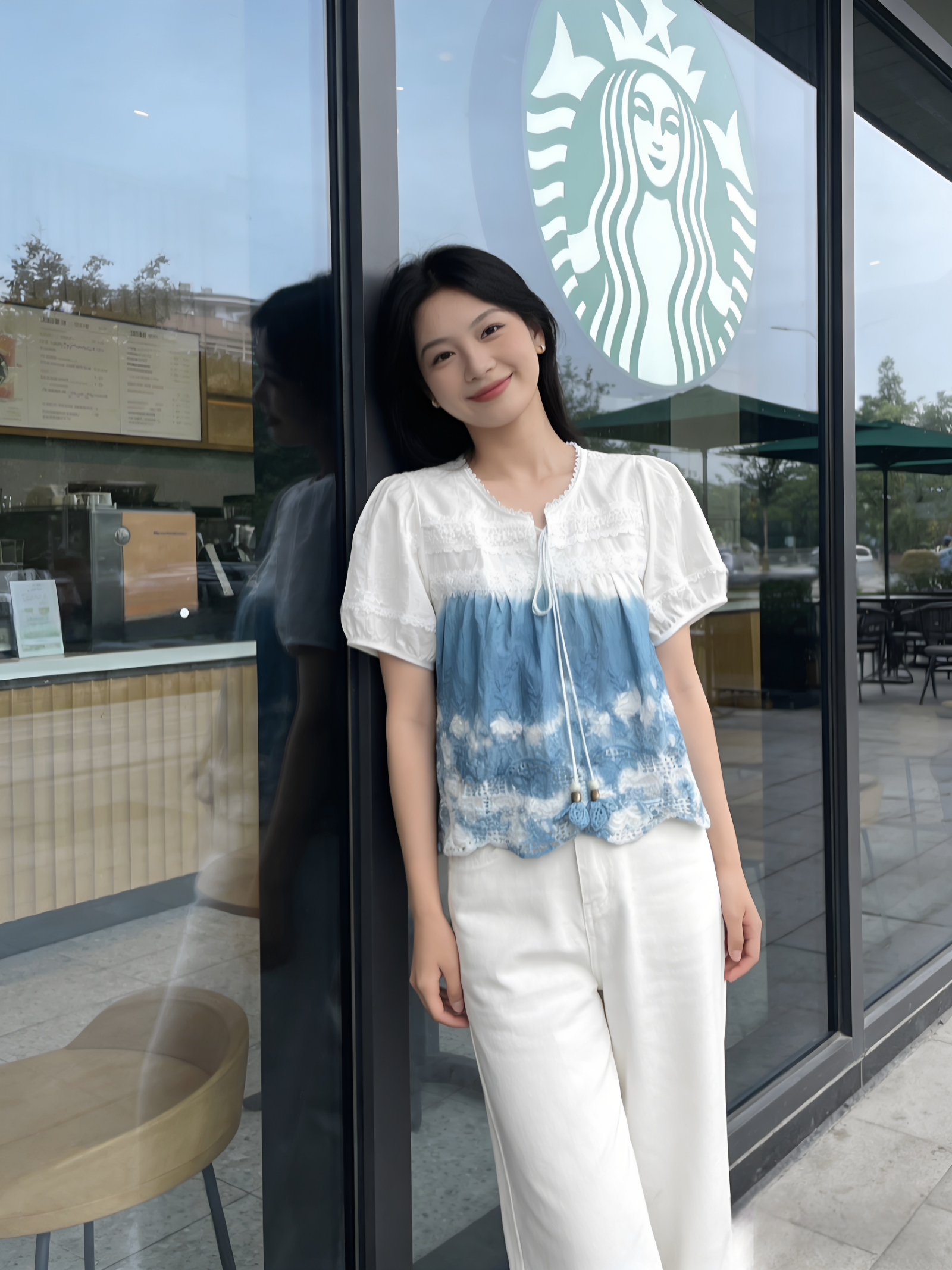 扎染棉麻花边镂空短款上衣女夏季薄款时尚洋气减龄百搭短袖衬衫女