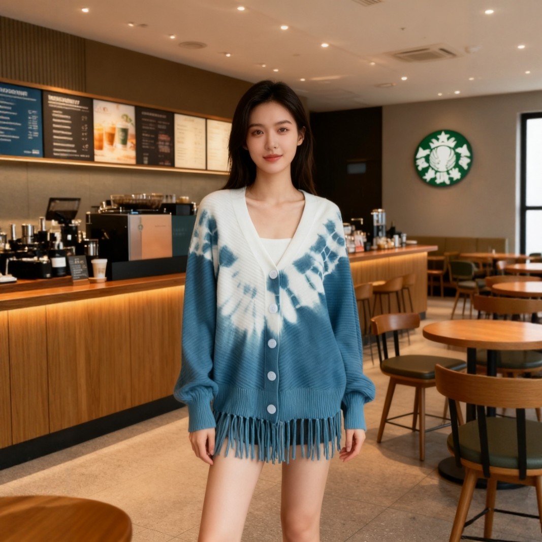 扎染蝙蝠袖针织开衫女外搭披肩秋季新款百搭流苏毛衣短款上衣外套