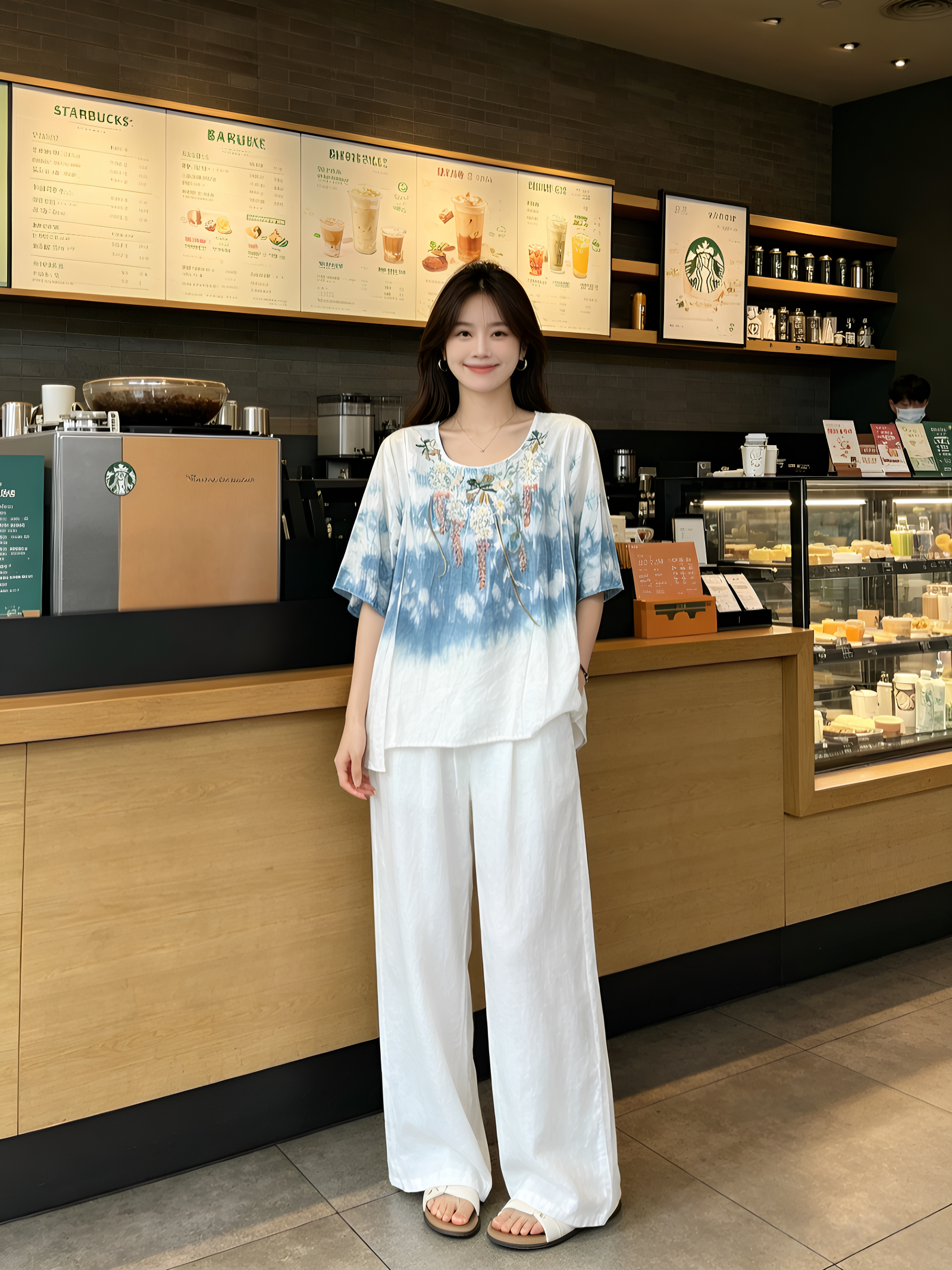 新中式扎染刺绣上衣女国风禅意茶服棉麻圆领衬衫女复古短袖T恤衫