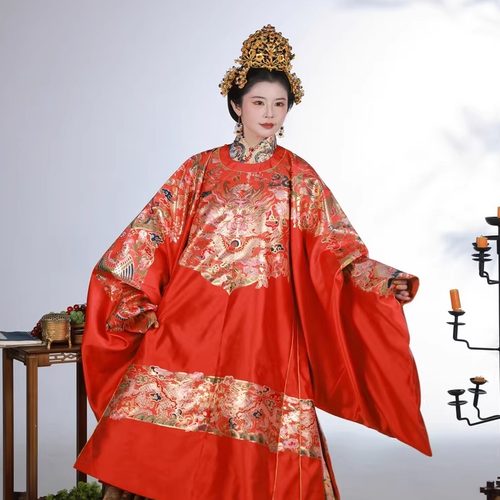 女款明制•二十四节氣四神兽云肩通袖膝阑仿妆花纱袍蟒凤圆领婚服