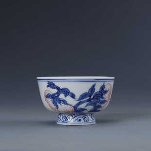 景德镇手绘青花釉里红寿桃杯 复古风功夫茶杯 陶瓷主人杯 单杯