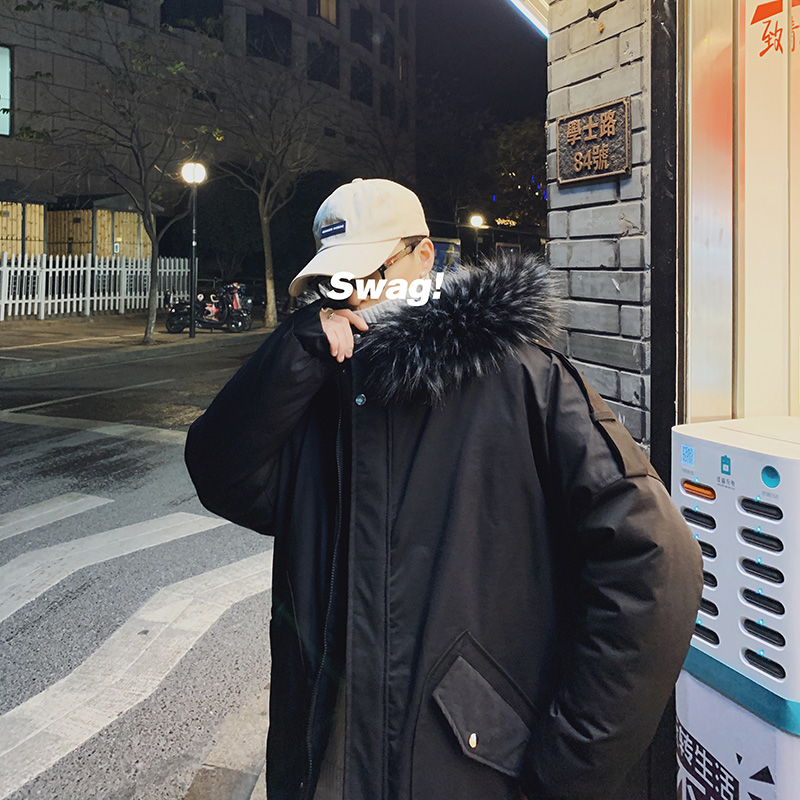 Winter men's medium length large wool collar hooded cotton padded jacket thickened cotton padded jacket