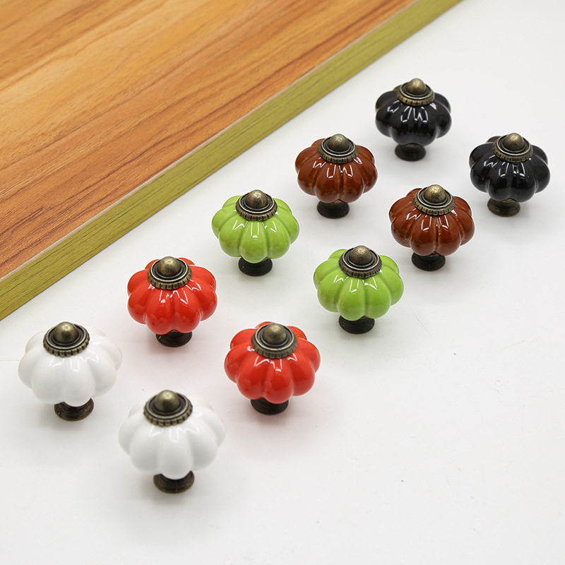 彩色南瓜陶瓷拉手美式复古柜门衣柜橱柜抽屉手柄家具古铜单孔把手