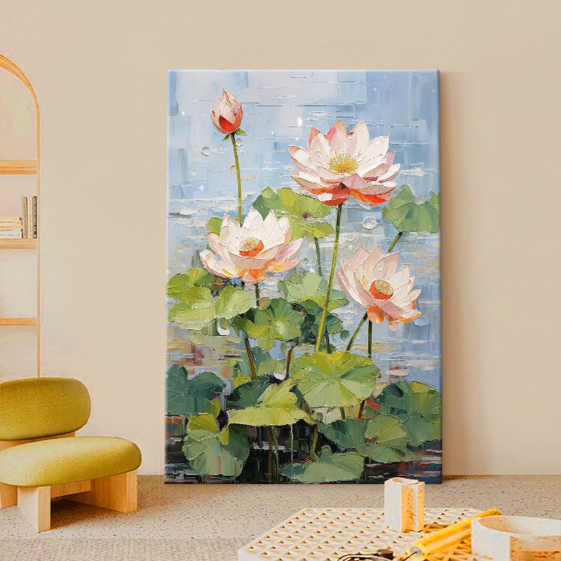 小清新荷塘月色粉色荷花手绘油画新中式玄关挂画田园风客厅装饰画