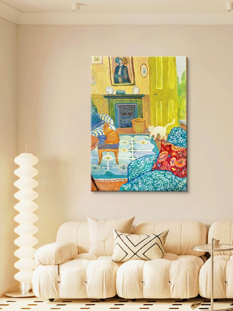 马蒂斯可爱猫咪奶油风纯手绘油画法式玄关挂画小众艺术客厅装饰画