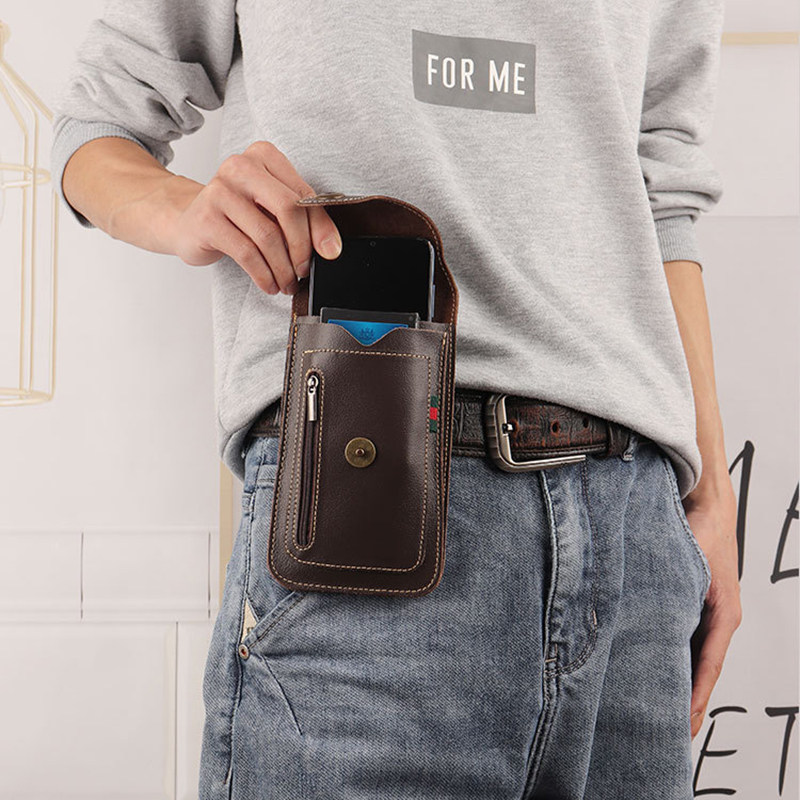休闲纯色棕色男士真皮竖款手机腰包穿皮带多功能防水复古风手机包
